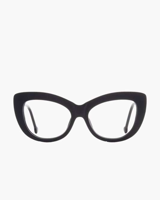 black plastic cat eyeglasses by Marie-Sophie Dion model Gatsby, front view, lunettes de vue chat couleur noir