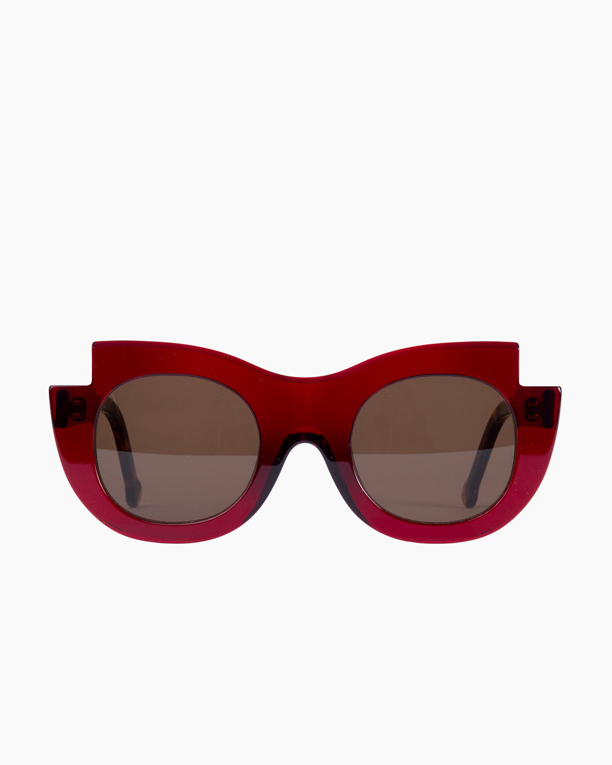burgundy plastic round  sunglassesby Marie-Sophie Dion model Latraverse2Sun, front view, lunettes de vue rond couleur bourgogne