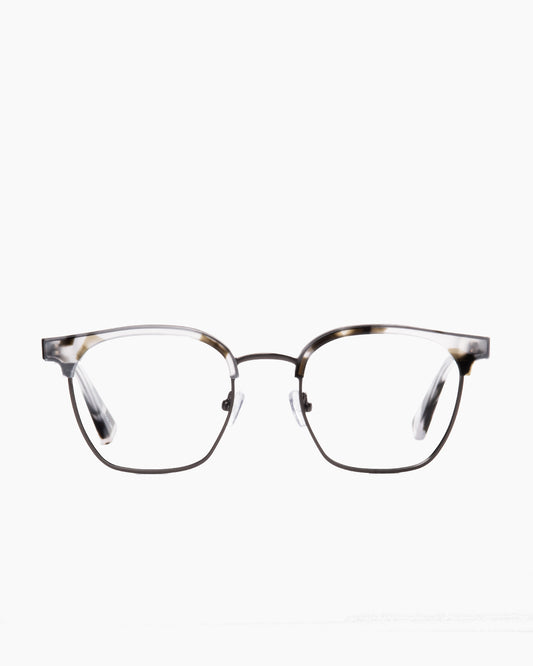 grey metal rectangle eyeglasses by Evolve model Woodrow, front view, lunettes de vue rectangle couleur gris
