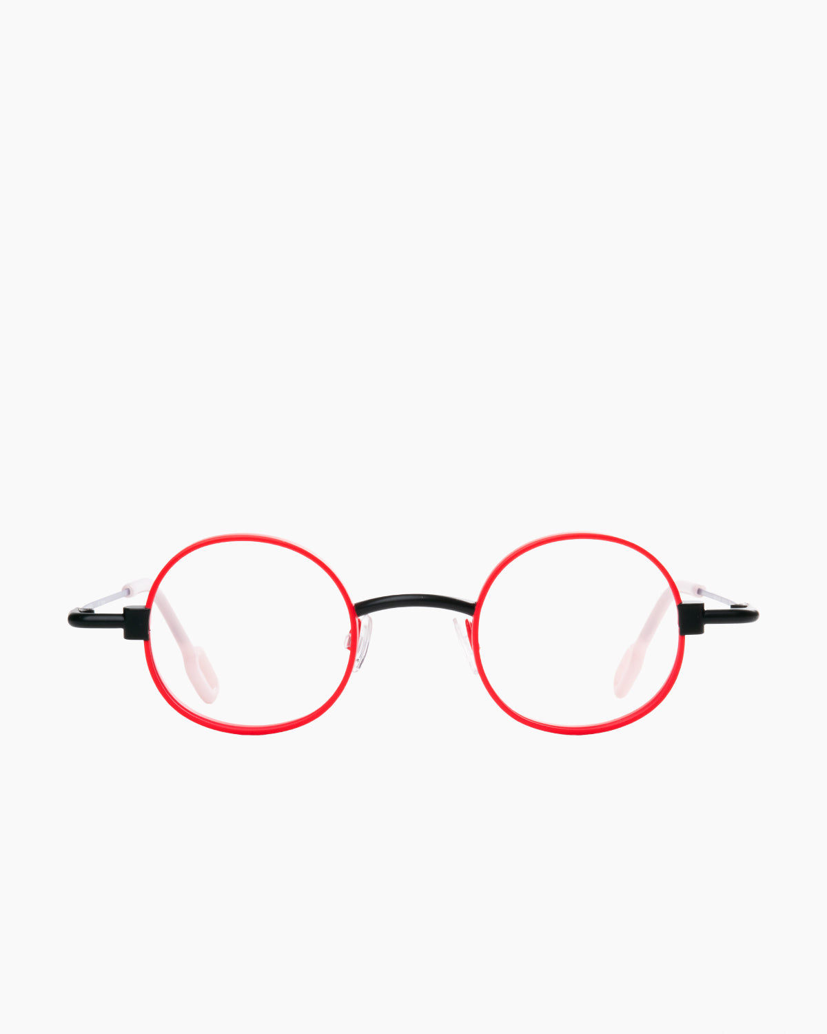 red metal round eyeglasses by Anne et Valentin model MECACOOL, front view, lunettes de vue rond couleur rouge
