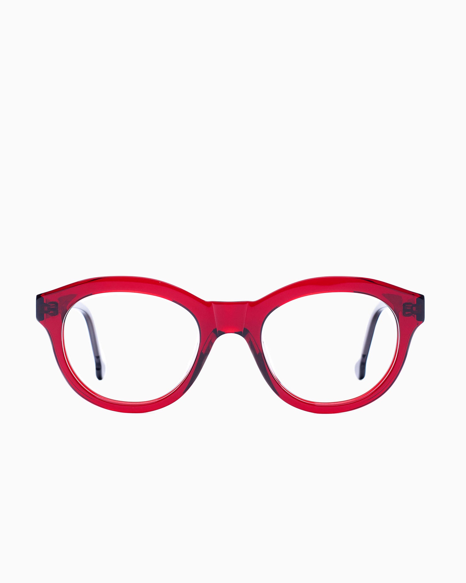 red plastic oval eyeglasses by Marie-Sophie Dion model Claus, front view, lunettes de vue ovale couleur bourgogne
