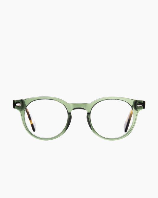 green plastic round eyeglasses by Evolve model drew, front view, lunettes de vue rond couleur vert