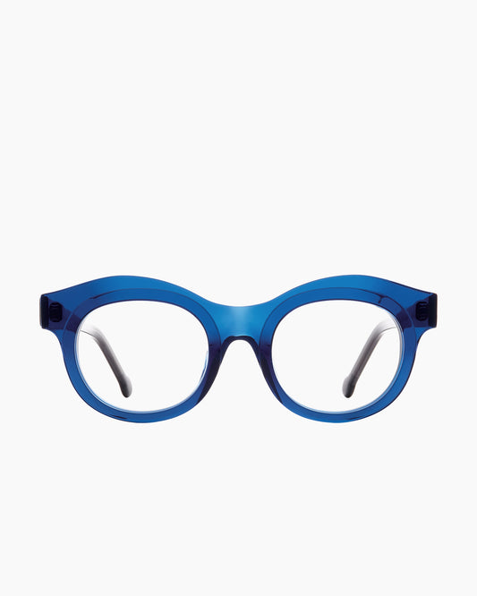 blue plastic round eyeglasses by Marie-Sophie Dion model Bibaud, front view, lunettes de vue rond couleur Bleu