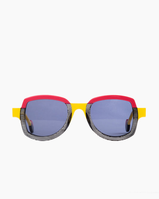yellow plastic aviator sunglassesby Theo model suprematisme, front view, lunettes de vue aviateur couleur jaune
