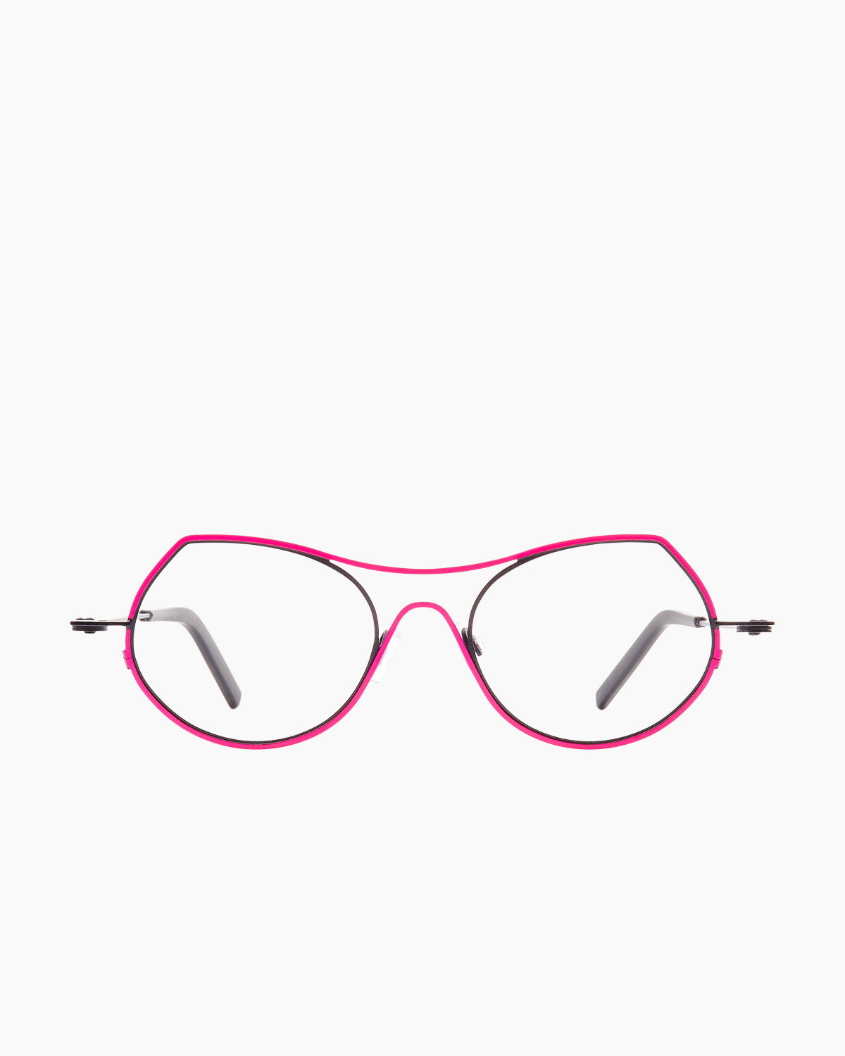 pink metal cat eyeglasses by Theo model Isobath, front view, lunettes de vue chat couleur rose