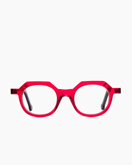 pink plastic round eyeglasses by Marie-Sophie Dion model Larouche, front view, lunettes de vue rond couleur rose