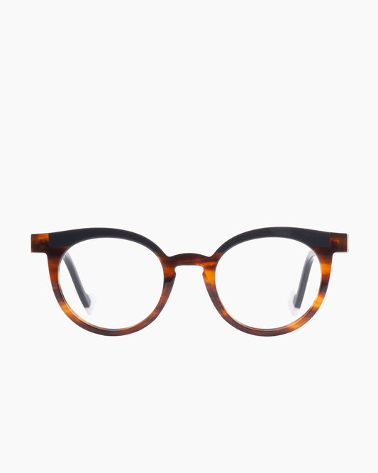 tortoise plastic round eyeglasses by Anne et Valentin model LEVEL, front view, lunettes de vue rond couleur écaille de tortue