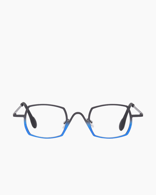 blue metal rectangle eyeglasses by Theo model Trajan, front view, lunettes de vue rectangle couleur Bleu