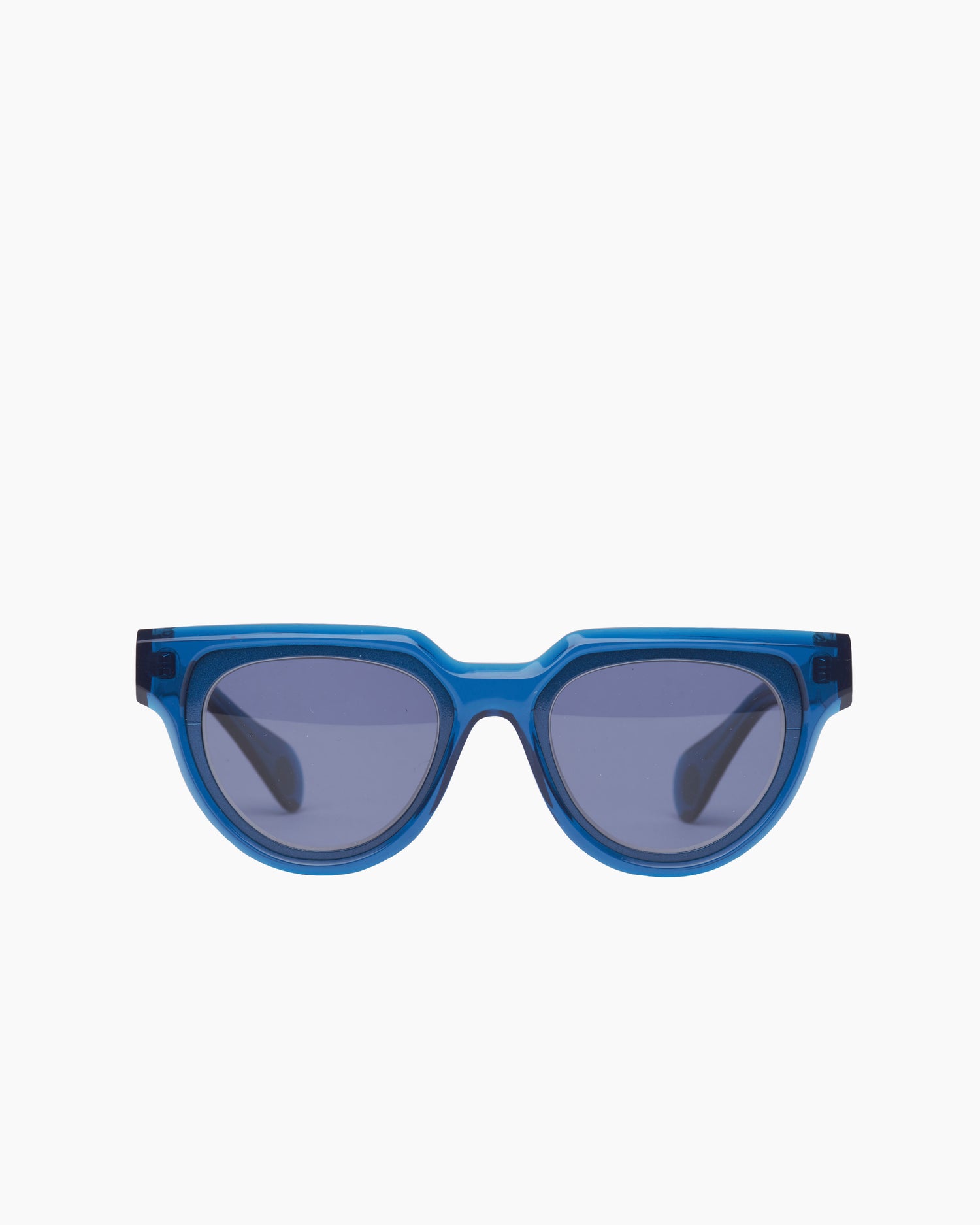 blue plastic round  sunglassesby Theo model , front view, lunettes de vue Bleu rond
