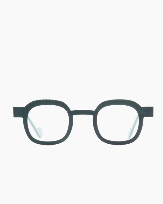 green metal rectangle eyeglasses by Anne et Valentin model Variato, front view, lunettes de vue rectangle couleur Vert