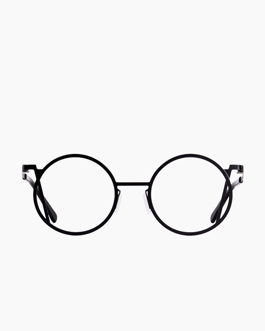 black metal round eyeglasses by Gamine model LaRoma, front view, lunettes de vue rond couleur Noir