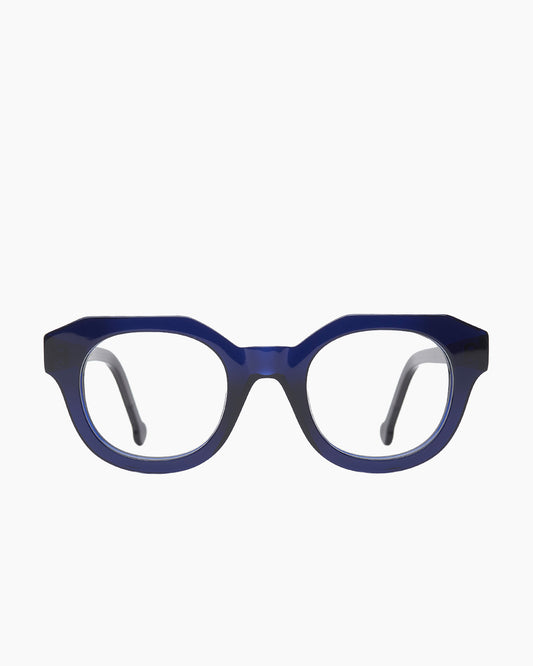 blue plastic round eyeglasses by Marie-Sophie Dion model Poitras, front view, lunettes de vue rond couleur Bleu