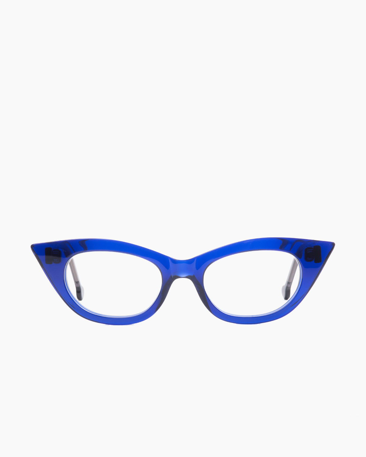 blue plastic cat eyeglasses by Marie-Sophie Dion model Chatelier, front view, lunettes de vue Bleu chat