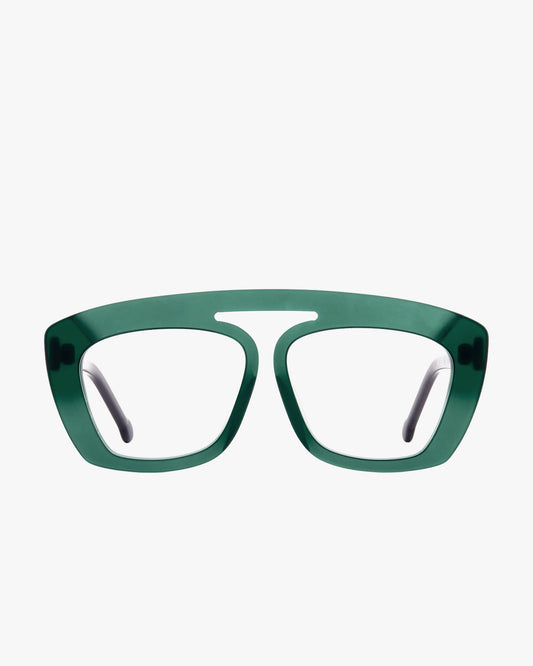 green plastic aviator eyeglasses by Marie-Sophie Dion model Nelson, front view, lunettes de vue aviateur couleur vert