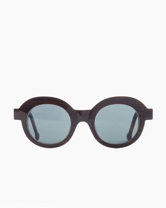 brown plastic round  sunglassesby Marie-Sophie Dion model Latraverse1S, front view, lunettes de vue rond couleur brun