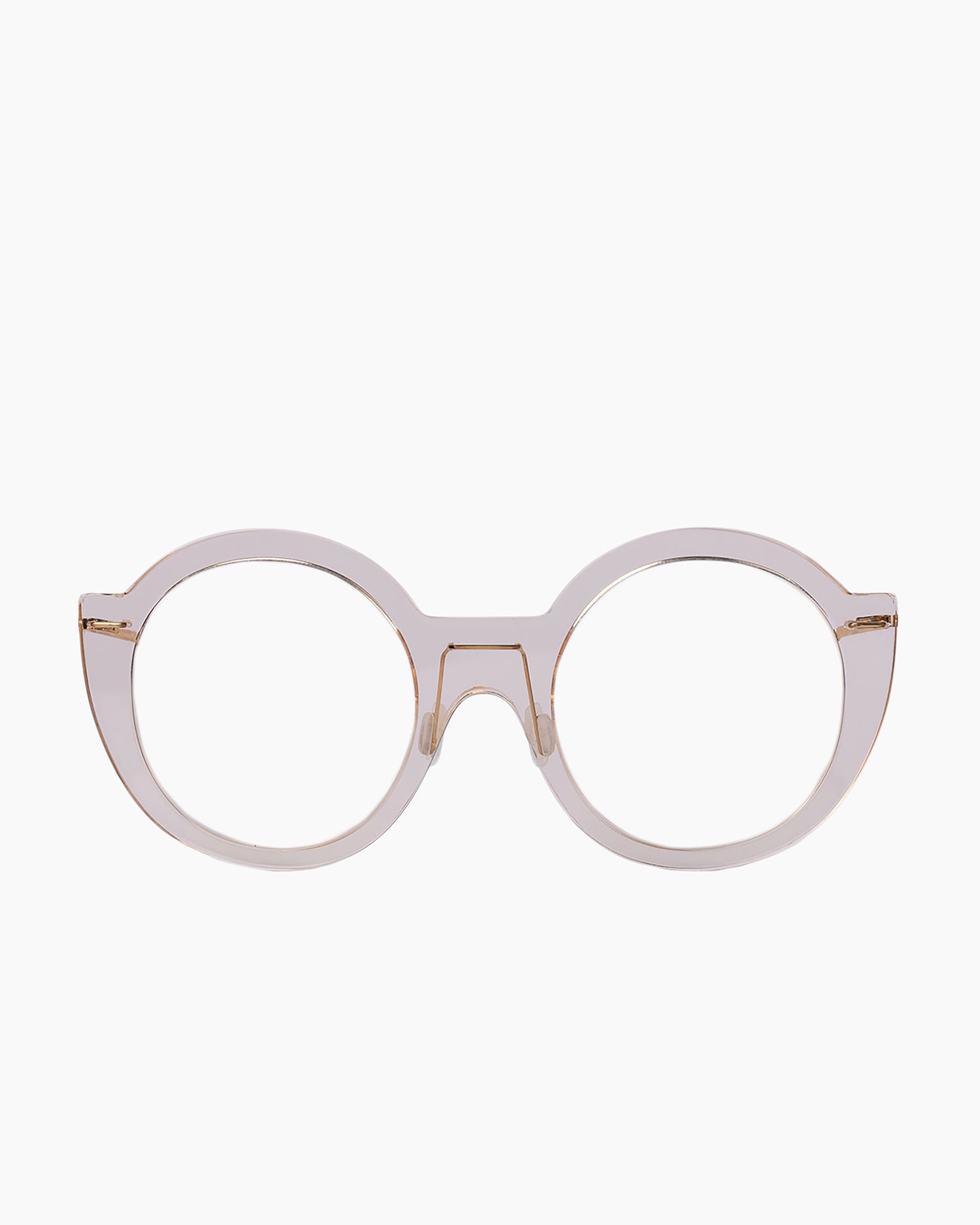 pink, beige plastic round eyeglasses by Monogram Marie-Sophie Dion model Coll, front view, lunettes de vue rose, beige rond
