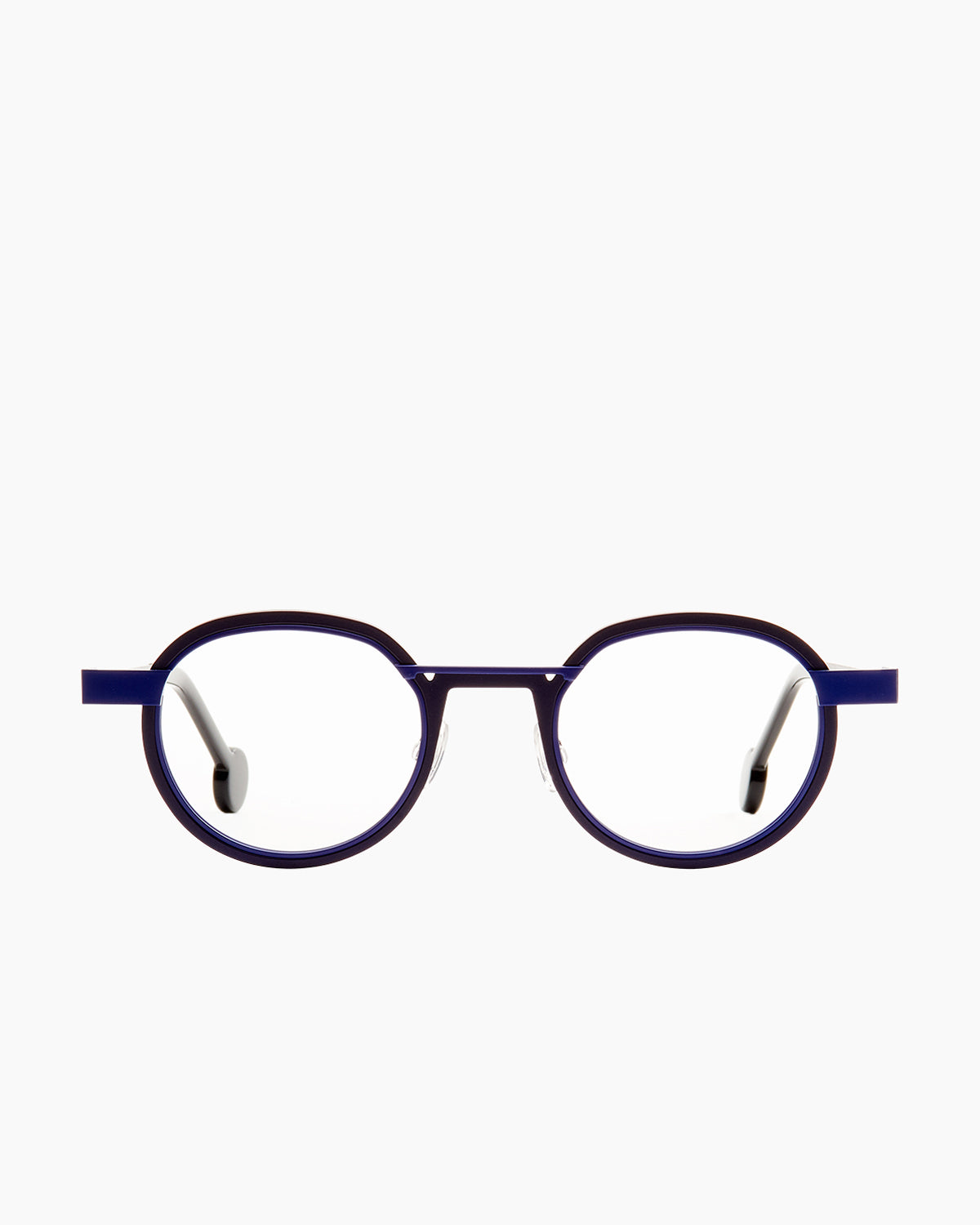 blue metal oval eyeglasses by Anne et Valentin model wellseen, front view, lunettes de vue ovale couleur bleu