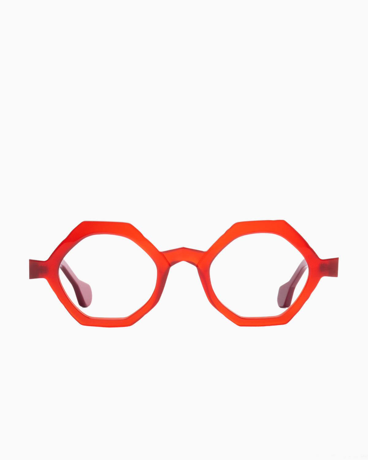 red plastic hexagon eyeglasses by Anne et Valentin model Etude2, front view, lunettes de vue hexagone couleur rouge