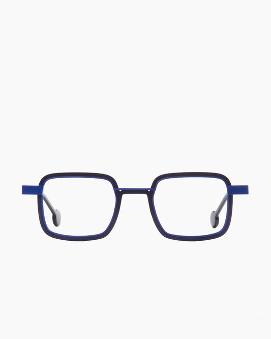 blue metal rectangle eyeglasses by Anne et Valentin model Welldone, front view, lunettes de vue rectangle couleur bleu