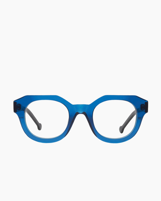 blue plastic round eyeglasses by Marie-Sophie Dion model Poitras, front view, lunettes de vue rond couleur Bleu