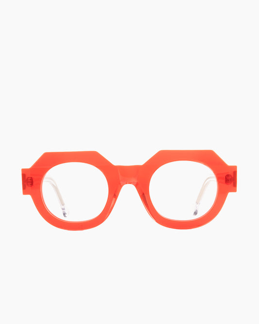 orange plastic round eyeglasses by Marie-Sophie Dion model Deltell, front view, lunettes de vue rond couleur Orange