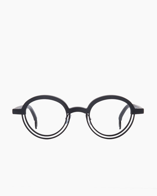 black metal round eyeglasses by Theo model BUMPER, front view, lunettes de vue rond couleur noir