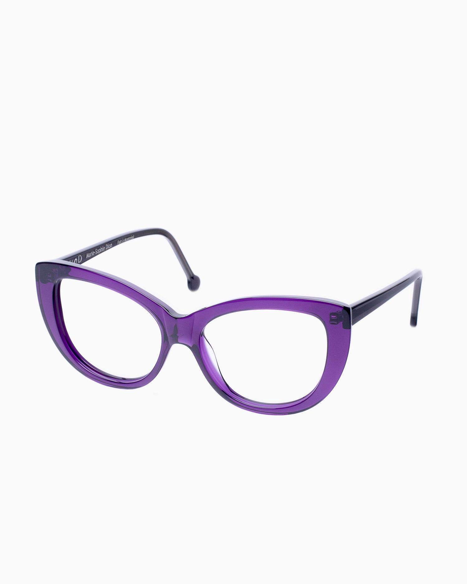 purple plastic cat eyeglasses by Marie-Sophie Dion model Younan, front view, lunettes de vue violet 