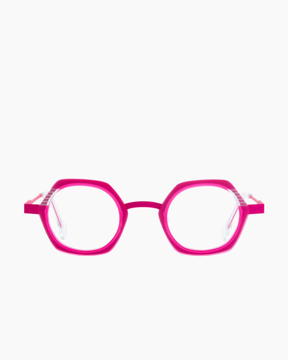 pink metal hexagon eyeglasses by Anne et Valentin model FAFI, front view, lunettes de vue Rose hexagone