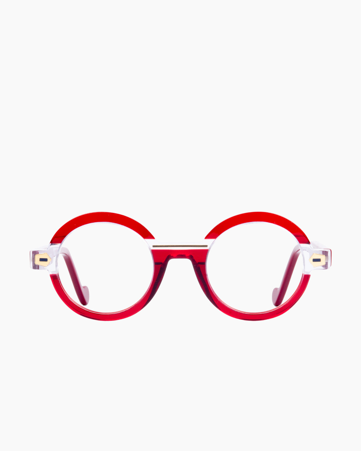 red plastic round eyeglasses by Anne et Valentin model TRANSFIGURE, front view, lunettes de vue Rouge rond