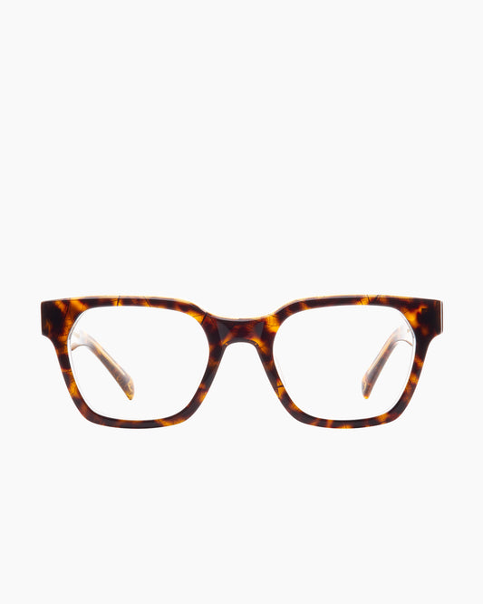 tortoise plastic rectangle eyeglasses by Spectacleeyeworks model Billie, front view, lunettes de vue rectangle couleur écaille de tortue