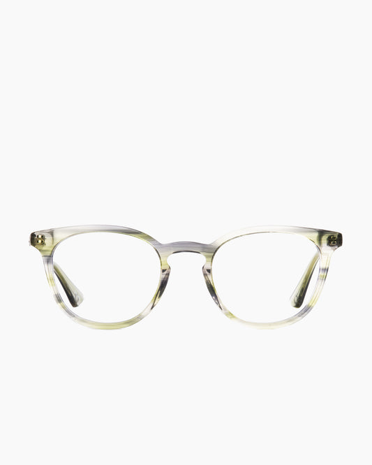 green plastic cat eyeglasses by Evolve model Nash, front view, lunettes de vue chat couleur vert