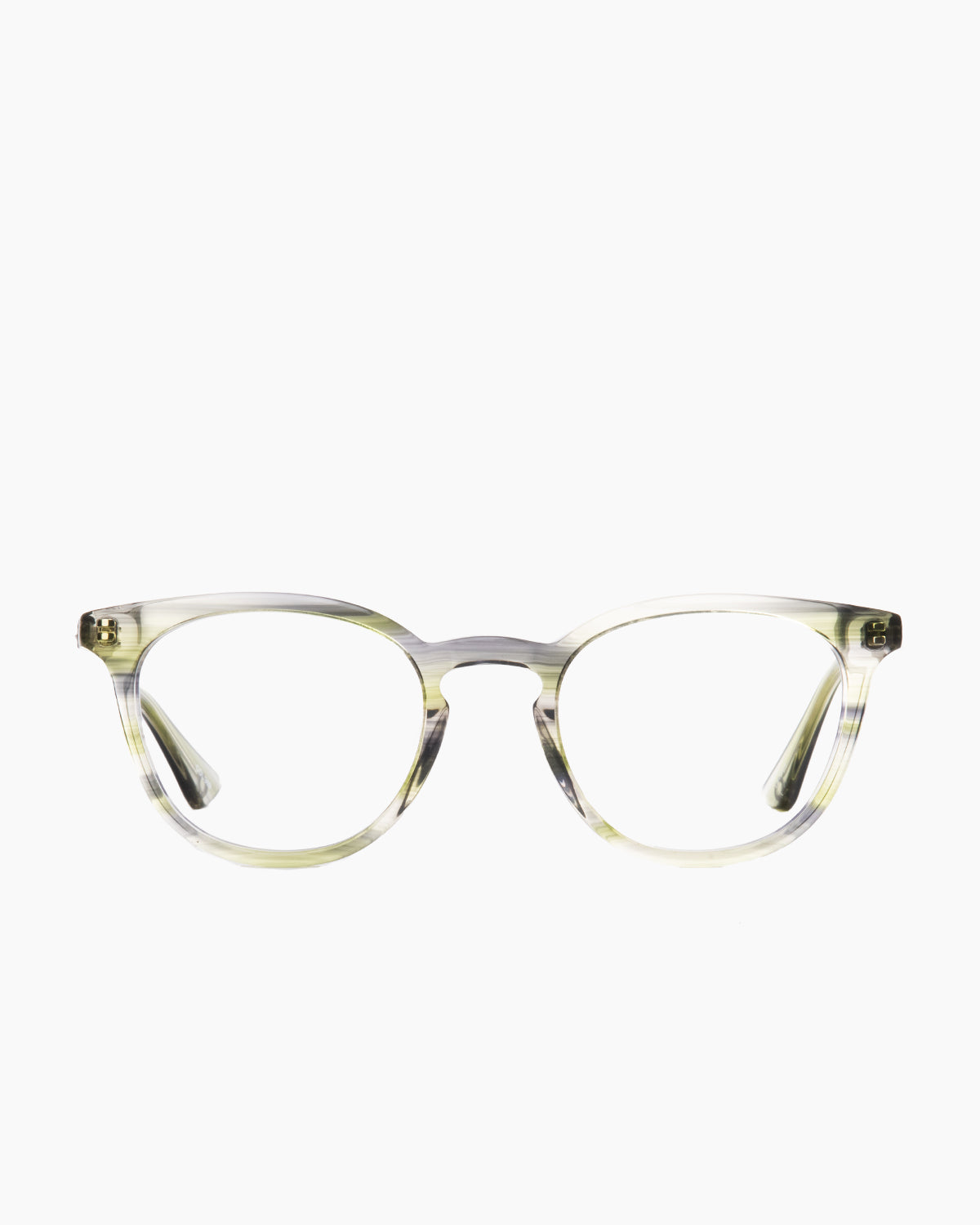 green plastic cat eyeglasses by Evolve model Nash, front view, lunettes de vue chat couleur vert