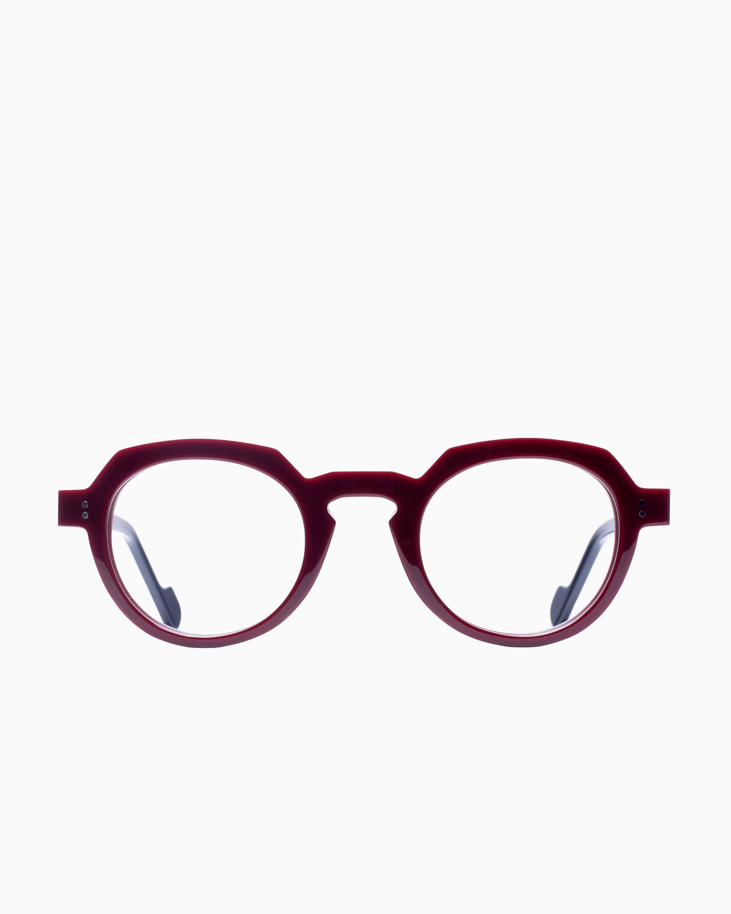 burgundy plastic round eyeglasses by Anne et Valentin model DJANGO, front view, lunettes de vue bourgogne rond