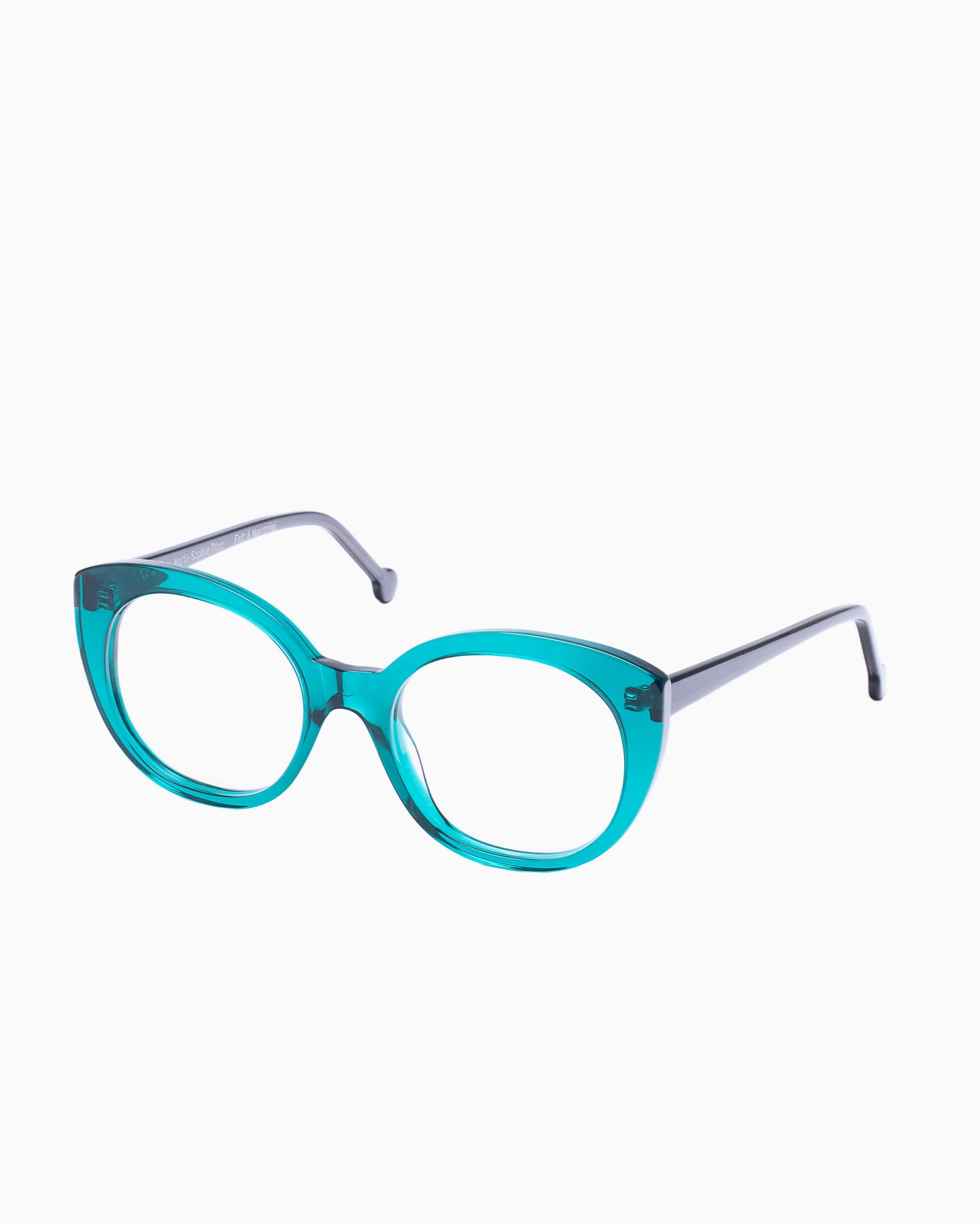 green plastic cat eyeglasses by Marie-Sophie Dion model Monroe, front view, lunettes de vue chat couleur Vert