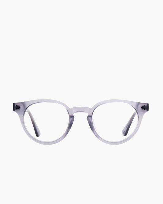 grey plastic round eyeglasses by Evolve model Stills, front view, lunettes de vue rond couleur gris