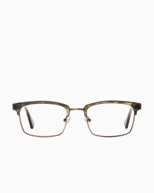 green metal rectangle eyeglasses by Evolve model Grover, front view, lunettes de vue rectangle couleur vert