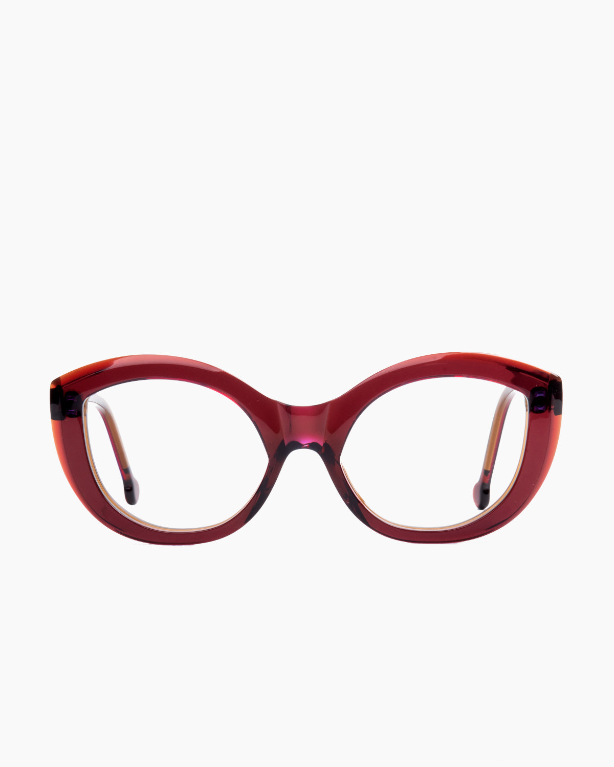 burgundy plastic cat eyeglasses by Marie-Sophie Dion model Fiori, front view, lunettes de vue chat couleur bourgogne