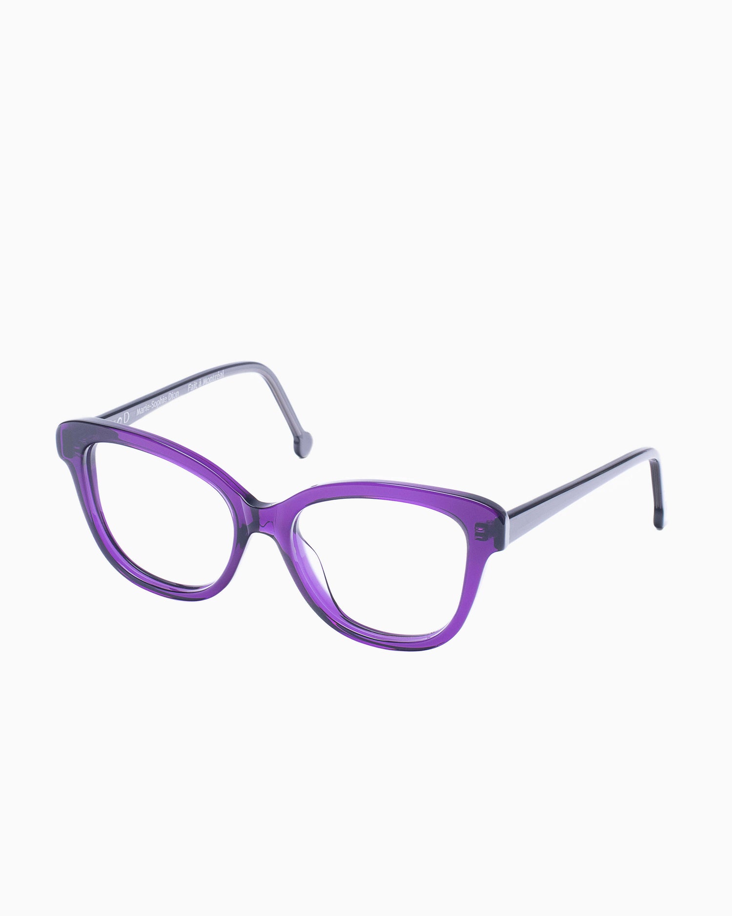 purple plastic butterfly eyeglasses by Marie-Sophie Dion model Lamy, front view, lunettes de vue papillon couleur violet