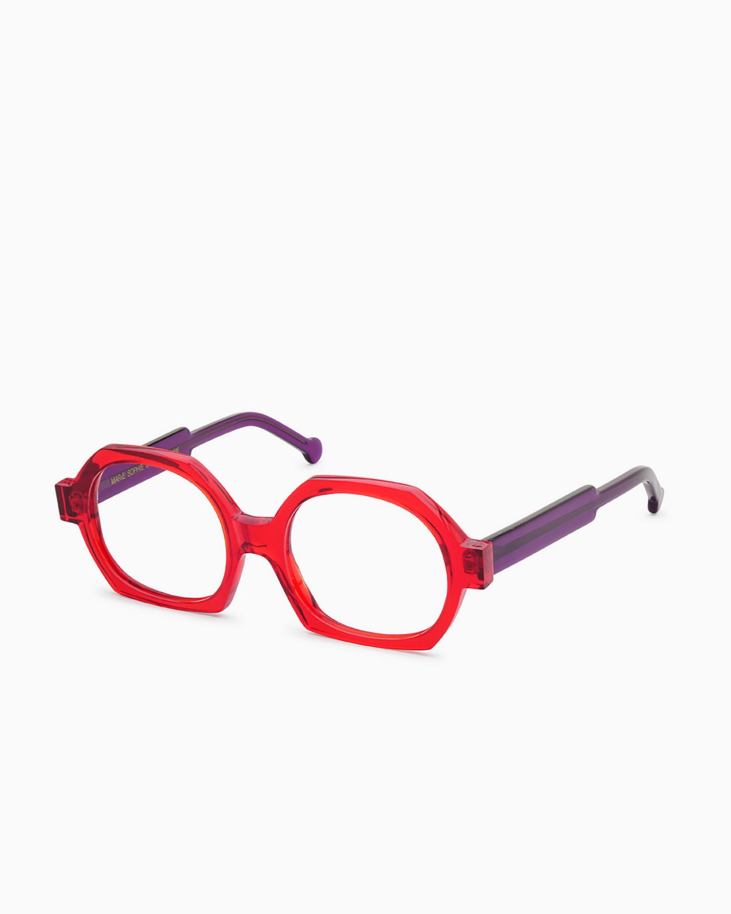 red plastic hexagon eyeglasses by Marie-Sophie Dion model Laperle.T, front view, lunettes de vue Rouge hexagone