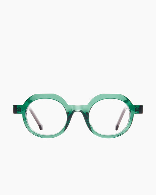green plastic round eyeglasses by Marie-Sophie Dion model Rambou, front view, lunettes de vue rond couleur vert