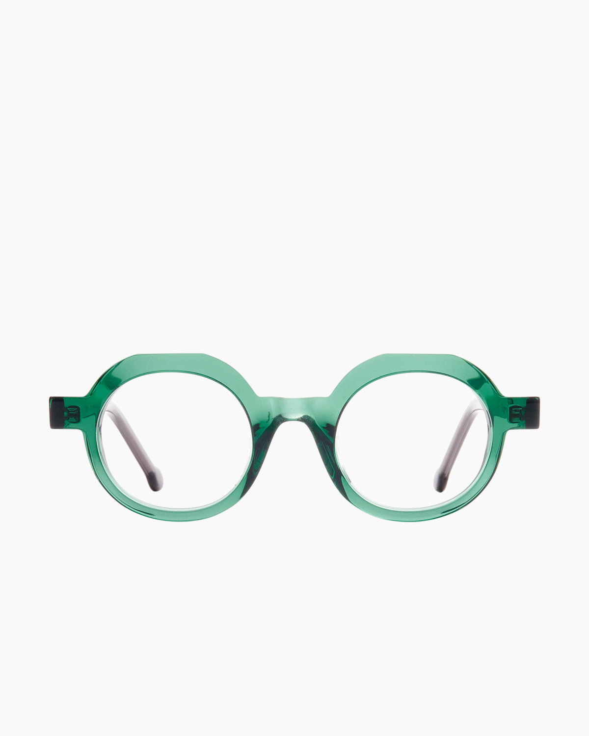 green plastic round eyeglasses by Marie-Sophie Dion model Rambou, front view, lunettes de vue rond couleur vert