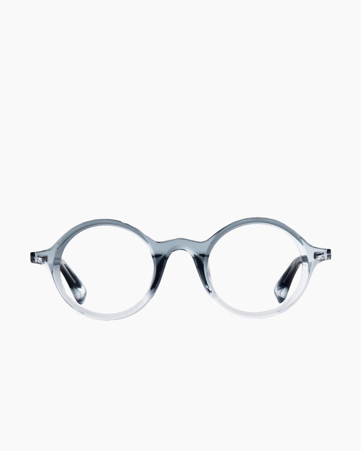 grey plastic round eyeglasses by Theo model Sunrise, front view, lunettes de vue rond couleur gris
