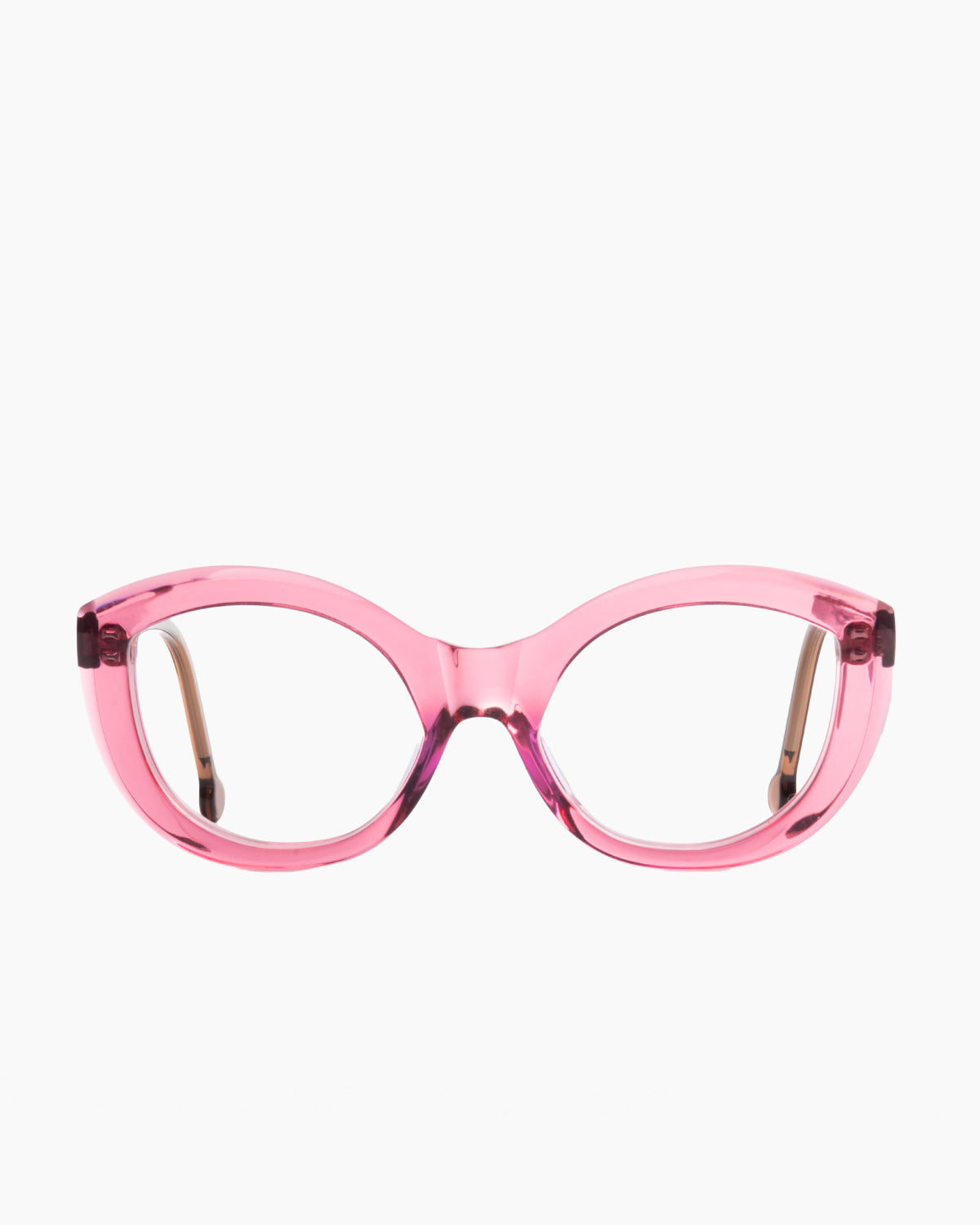 pink plastic cat eyeglasses by Marie-Sophie Dion model Fiori, front view, lunettes de vue rose chat