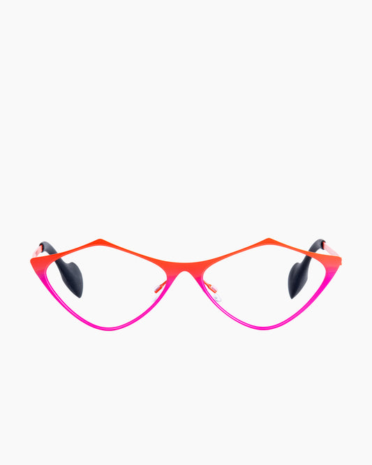 pink metal triangle eyeglasses by Theo model TOTTORI, front view, lunettes de vue couleur Rose