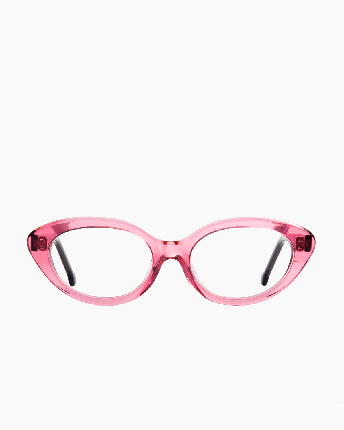 pink plastic cat eyeglasses by Marie-Sophie Dion model Moreau, front view, lunettes de vue chat couleur rose