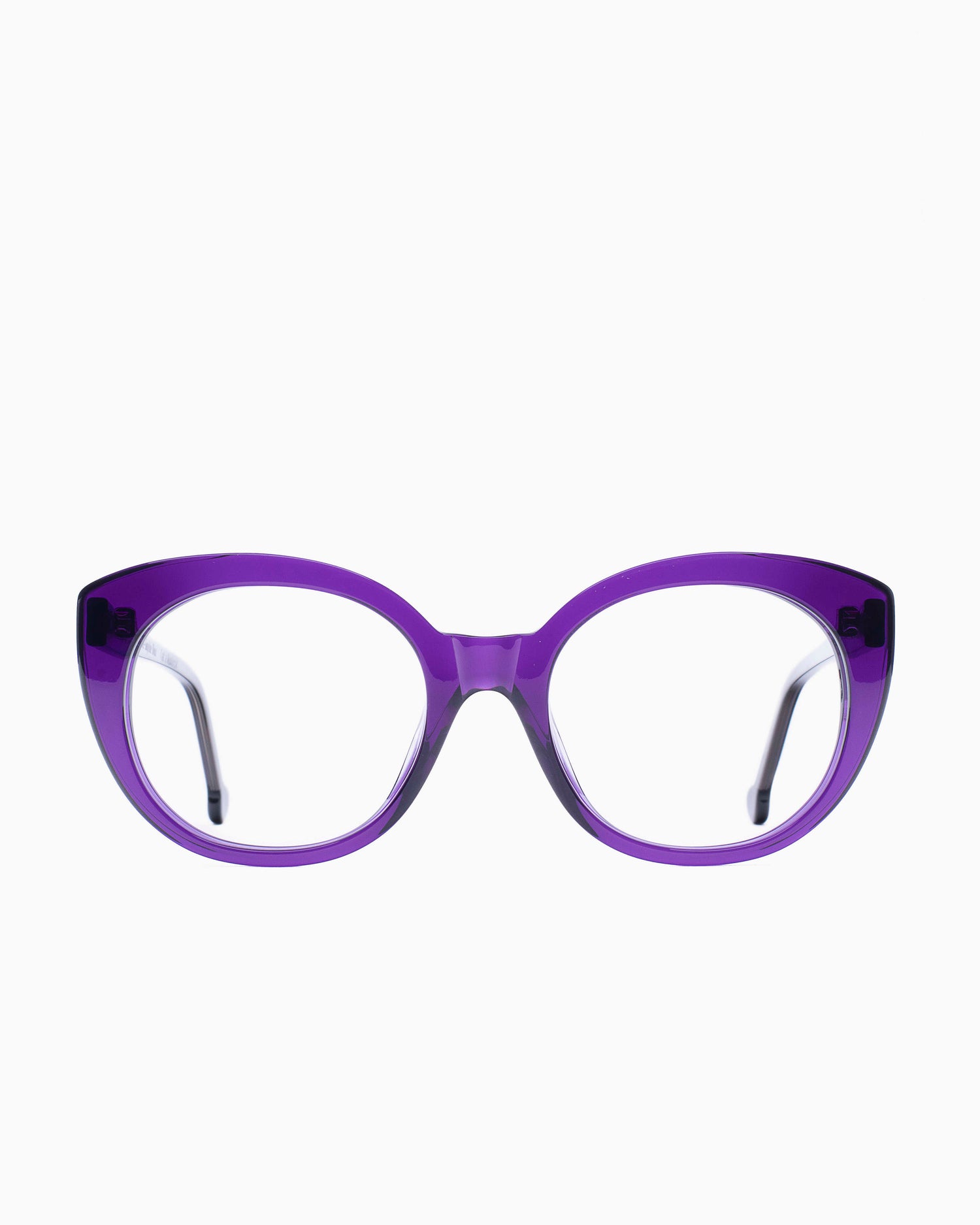 purple plastic cat eyeglasses by Marie-Sophie Dion model Monroe, front view, lunettes de vue chat couleur violet