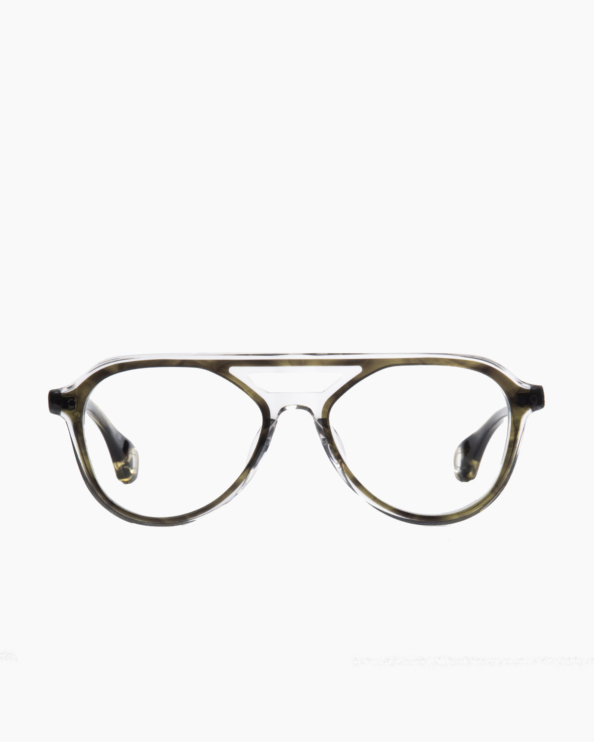 green plastic aviator eyeglasses by Blake Kuwahara model Spaulding, front view, lunettes de vue vert aviateur