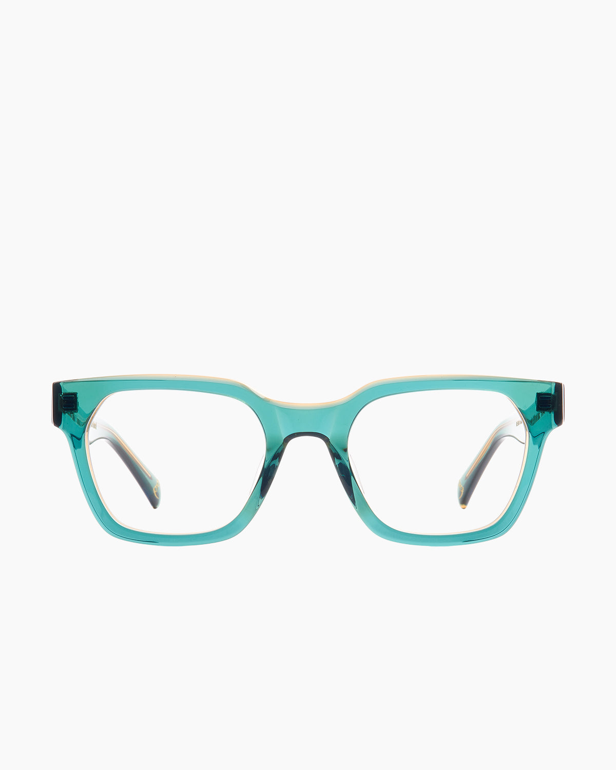 green plastic rectangle eyeglasses by Spectacleeyeworks model Billie, front view, lunettes de vue vert rectangle