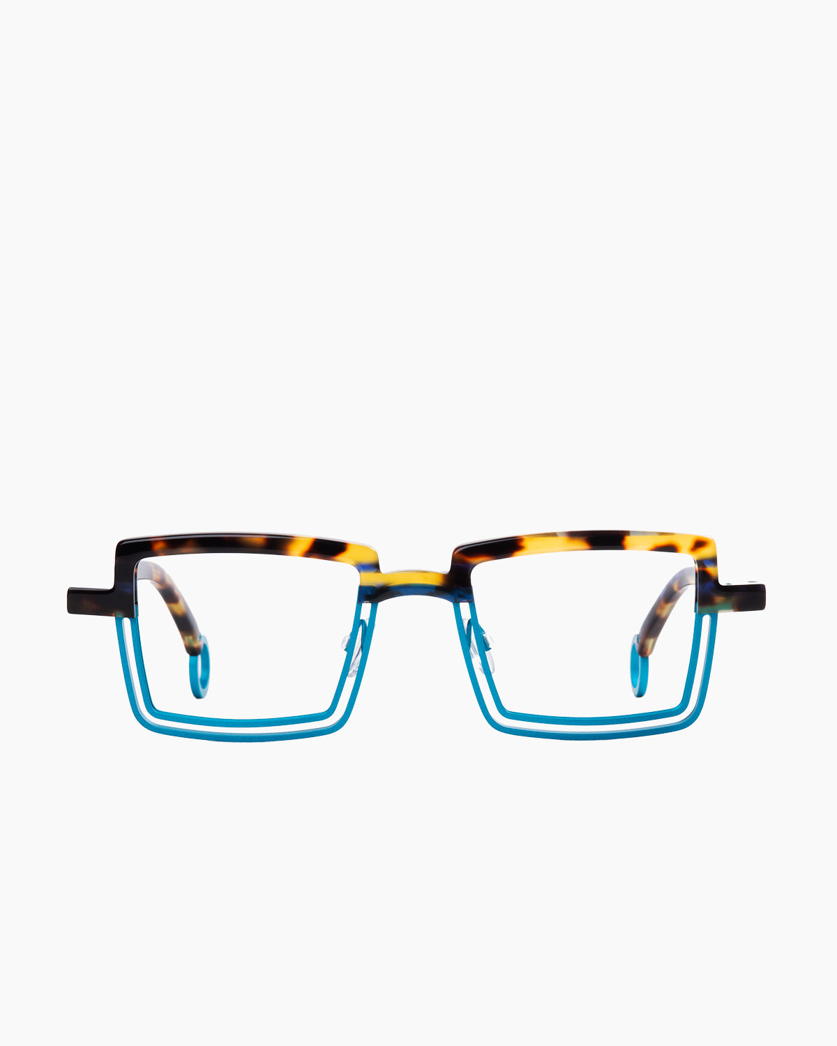 blue metal rectangle eyeglasses by Theo model Spinner, front view, lunettes de vue bleu rectangle