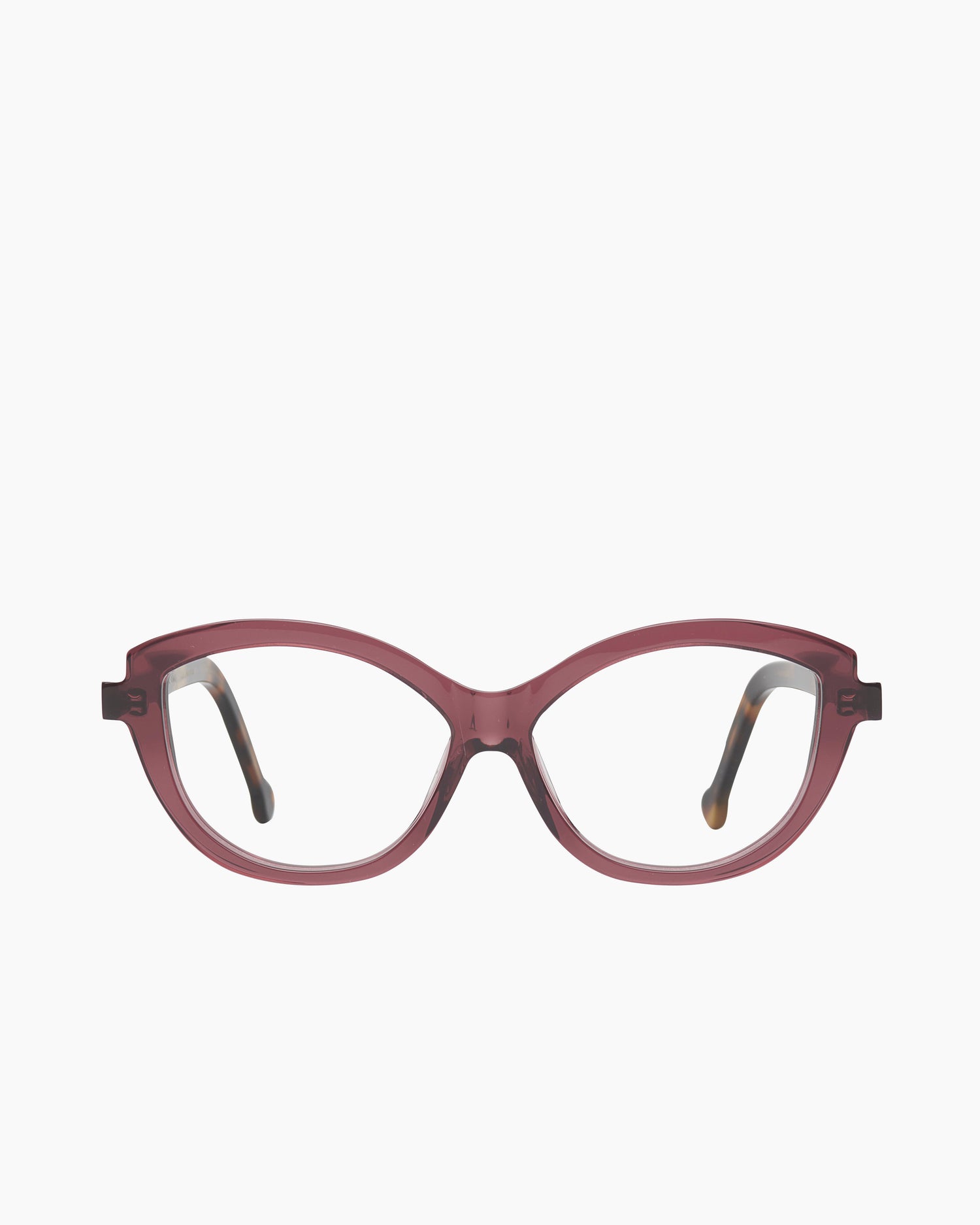 purple plastic cat eyeglasses by Marie-Sophie Dion model Brodeur, front view, lunettes de vue violet chat